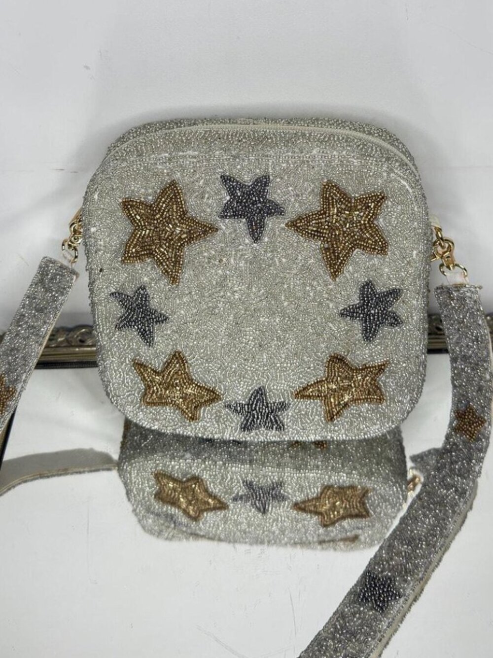 SilveSparkle Star Seed Beaded Crossbody Box Bag with Star Strap Western Boho NEW